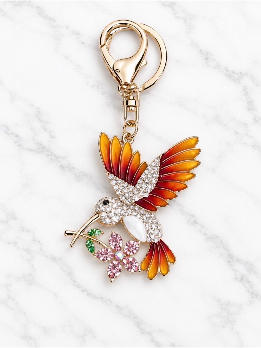 Gold-Tone Orange Hummingbird Bag Charm/Keyring with White Crystal Accents